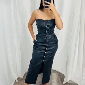 Strapless Black Leather Button-Front Midi Dress